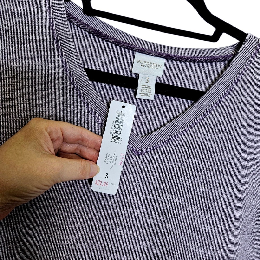 Weekends by Chico's Purple Knit V-Neck Short Sleeve Top 3 or L Basic Minimalist - Picture 4 of 9